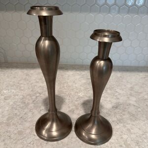 Elegant Set of Two Weighted Pewter Candle Holders 12” and 10”
